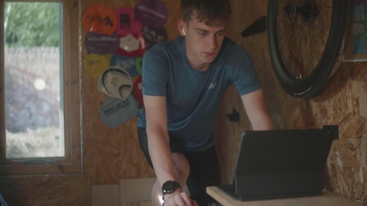 Footage of a cyclist on an indoor turbo training