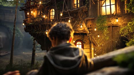 children exploring a magical treehouse in a vibrant forest at dusk