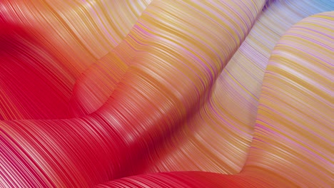 beautiful abstract background of waves on surface, red yellow color gradients, extruded lines as striped fabric surface with folds or waves on liquid. 4k loop.