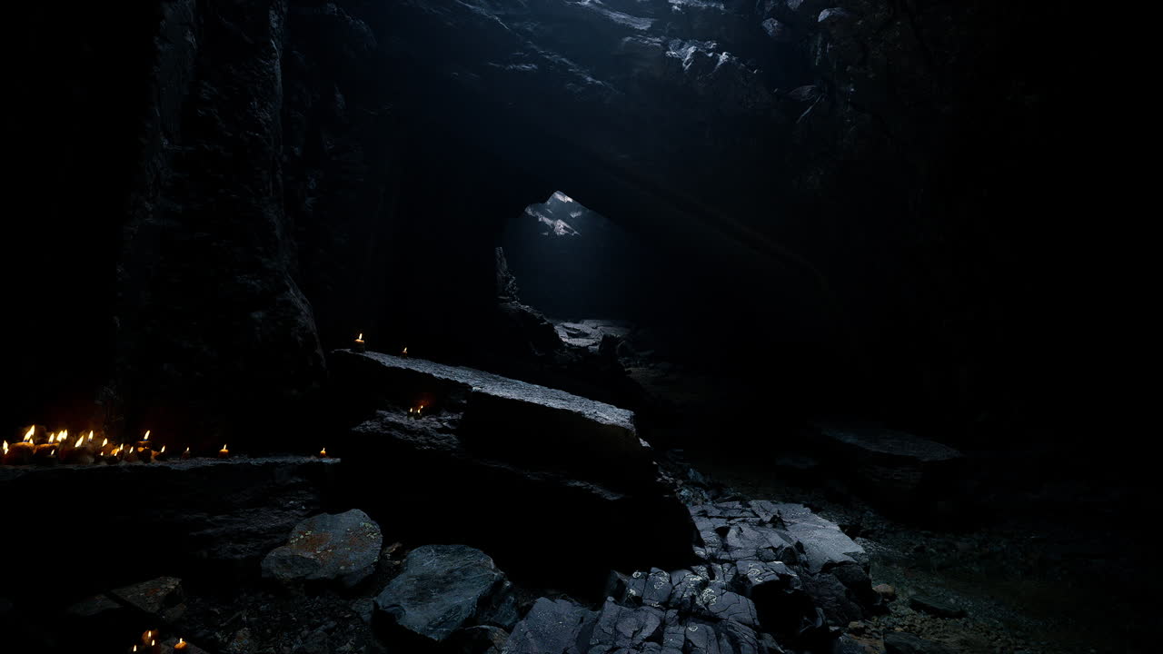 Exploring a dark cave with faint natural light filtering through