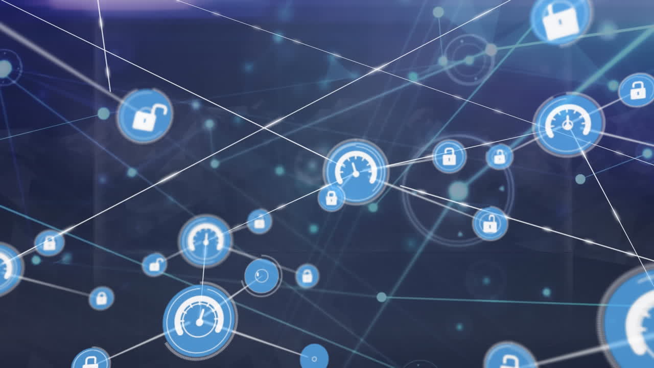 Animation of dots with lock and speedometer icons connecting with lines over abstract background