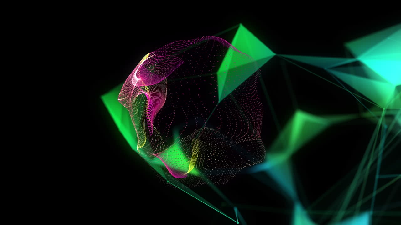 Animation of shapes and network of connections on black background
