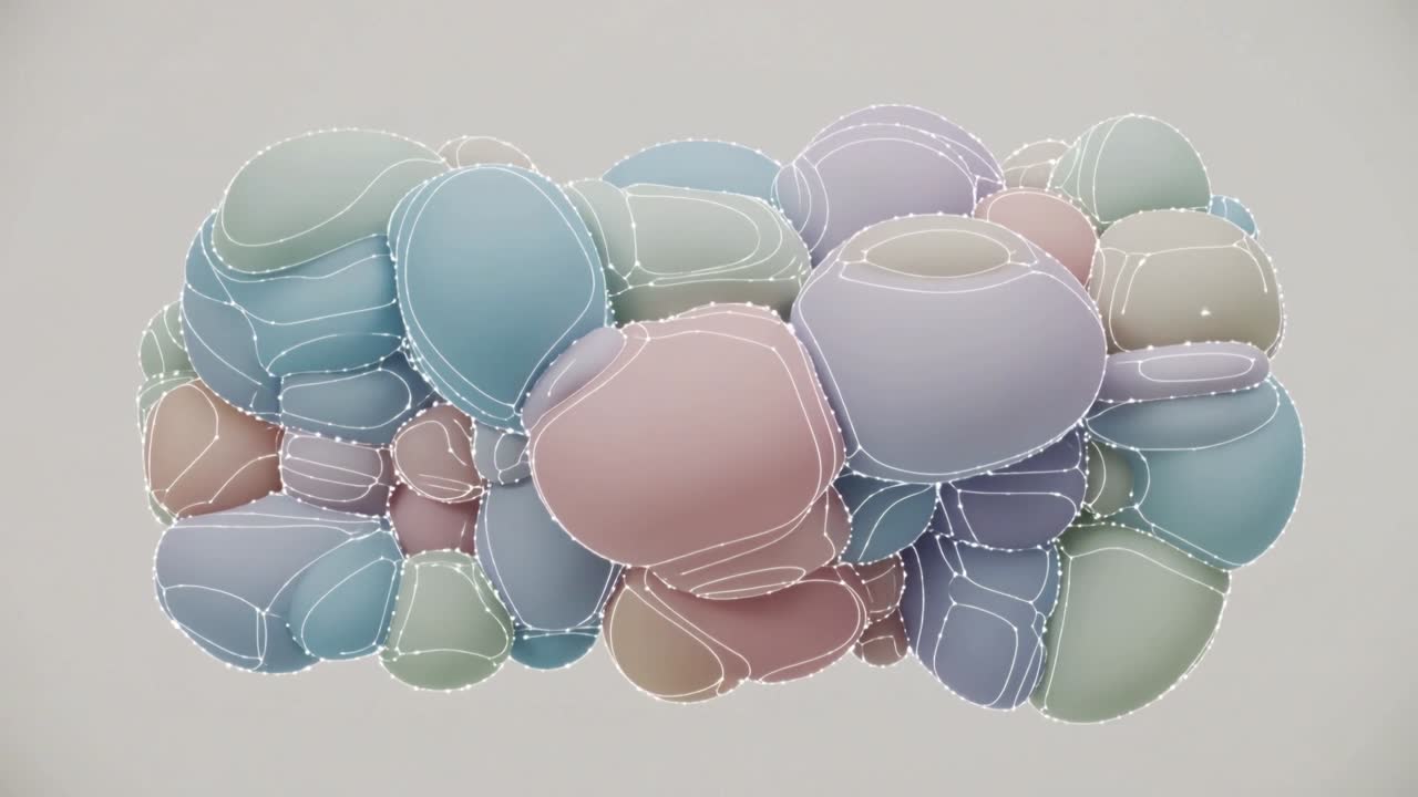 Starting animation, pastel 3D pebble cluster rotating and morphing in studio, showing dashed seams