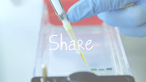 animation of share text over scientist in lab