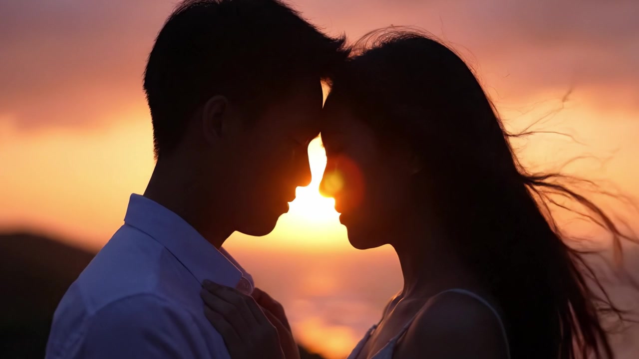 Un Abbraccio Romantico al Tramonto: catturare il tenero legame tra due amanti in silhouette contro un cielo splendidamente colorato.