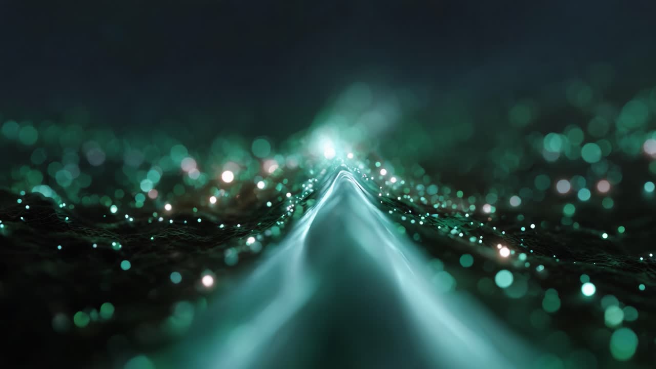 Un viaggio affascinante attraverso un paesaggio luminoso, dove particelle scintillanti danzano su una superficie fluida, creando un'esperienza visiva coinvolgente di tranquillità