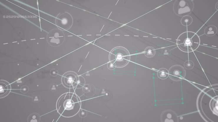 Animation of network of connections with people icons over grey background