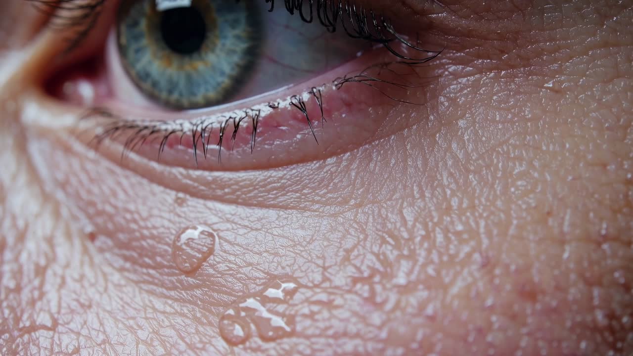 A close-up shot captures a single tear cascading down an emotional eye, as a meaningful moment unfolds in nature during a breathtaking sunset