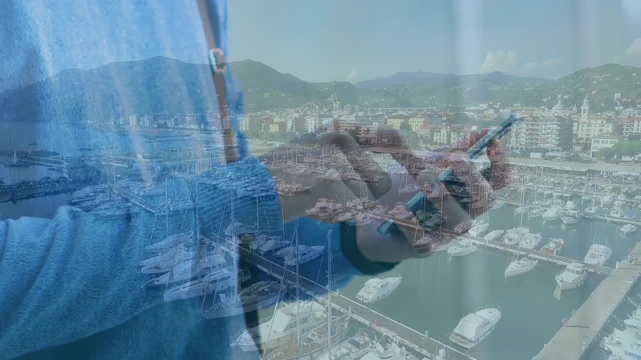 도시 풍경 위에서 스마트폰을 사용하는 사람의 애니메이션