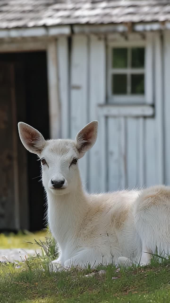 A Serene Young Fawn Relaxing in the Green Grass Near a Rustic Wooden Building, Capturing the Beauty of Nature's Gentle Creatures and Their Tranquil Surroundings