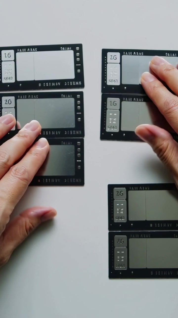 Video verticale: Mani che entrano, posizionando e allineando pellicole su un tavolo bianco per proteggere carte numerate