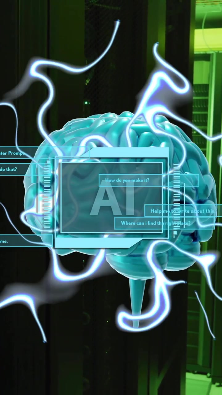 Animation of ai text, brain and data processing over computer servers