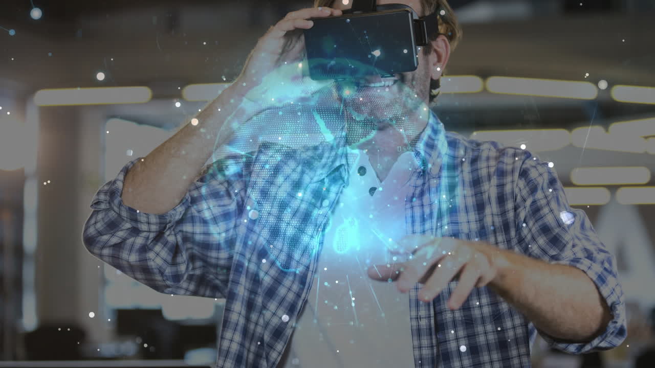 usando auriculares de realidad virtual, hombre interactuando con animación de globo holográfico digital