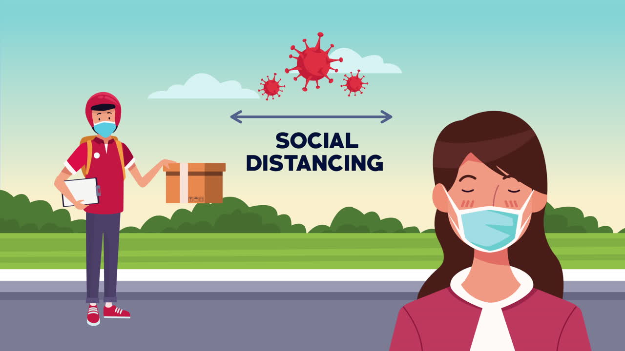 social distancing campaign with delivery worker and woman using face mask