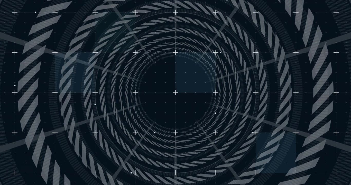 At start striped rings and crosshair grid starting rotating while camera moving inward for depth