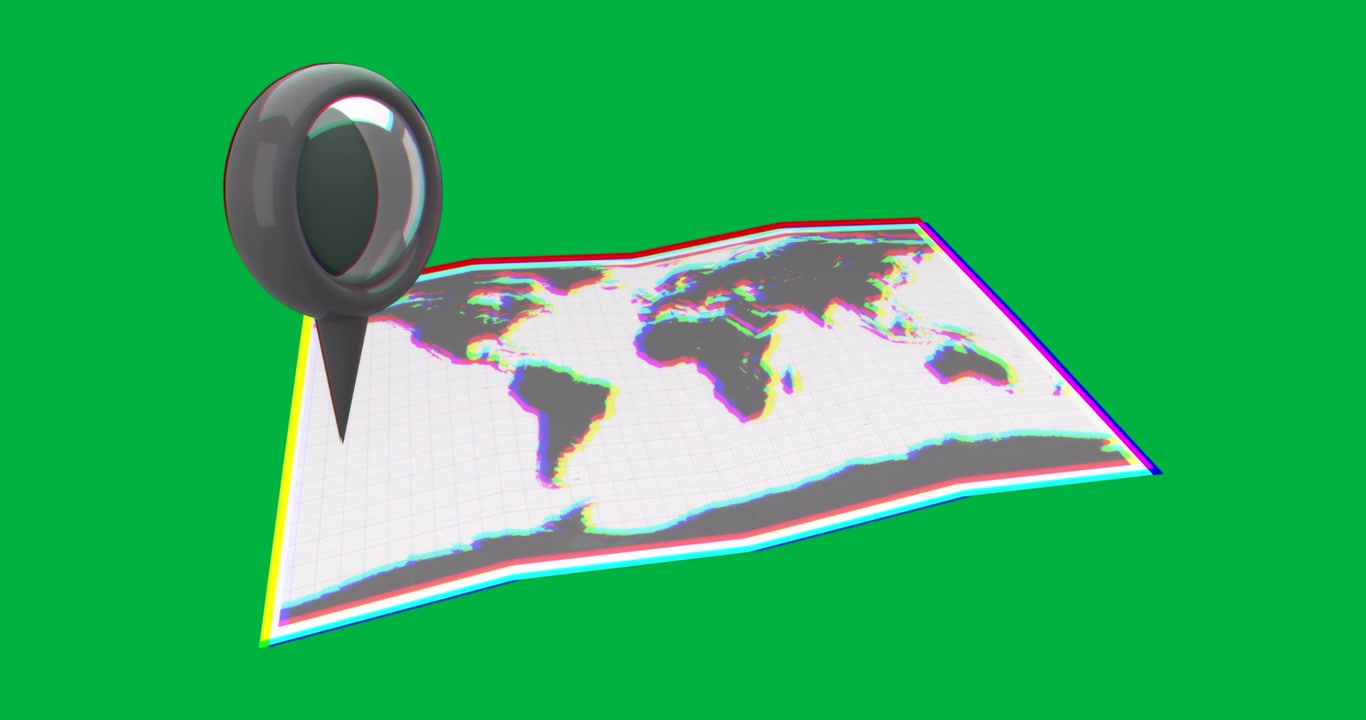 Graphic designers placing metallic map pin on transparent grid world map, showing chromatic effect