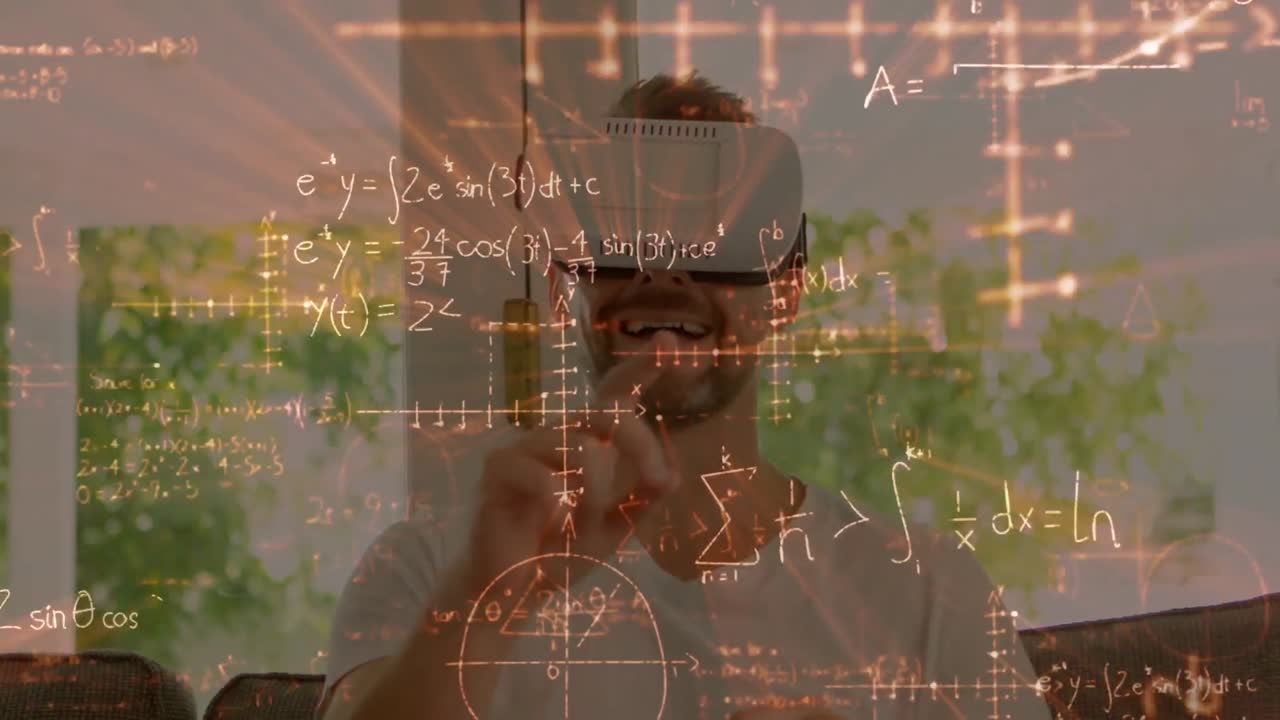 헤드 ⁇ 을 착용한 사람 위에 수학적 그림과 방정식의 애니메이션