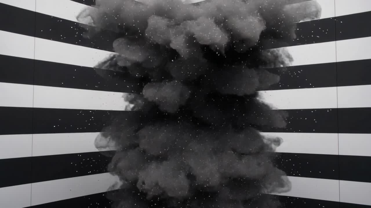Bursting twisted column breaking in striped gallery corner, releasing dark smoke and dust for art