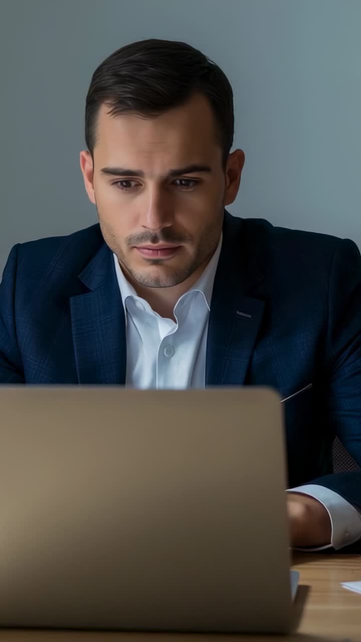 Vertical video: Opening shot showing office worker in blazer reading and typing on laptop at desk