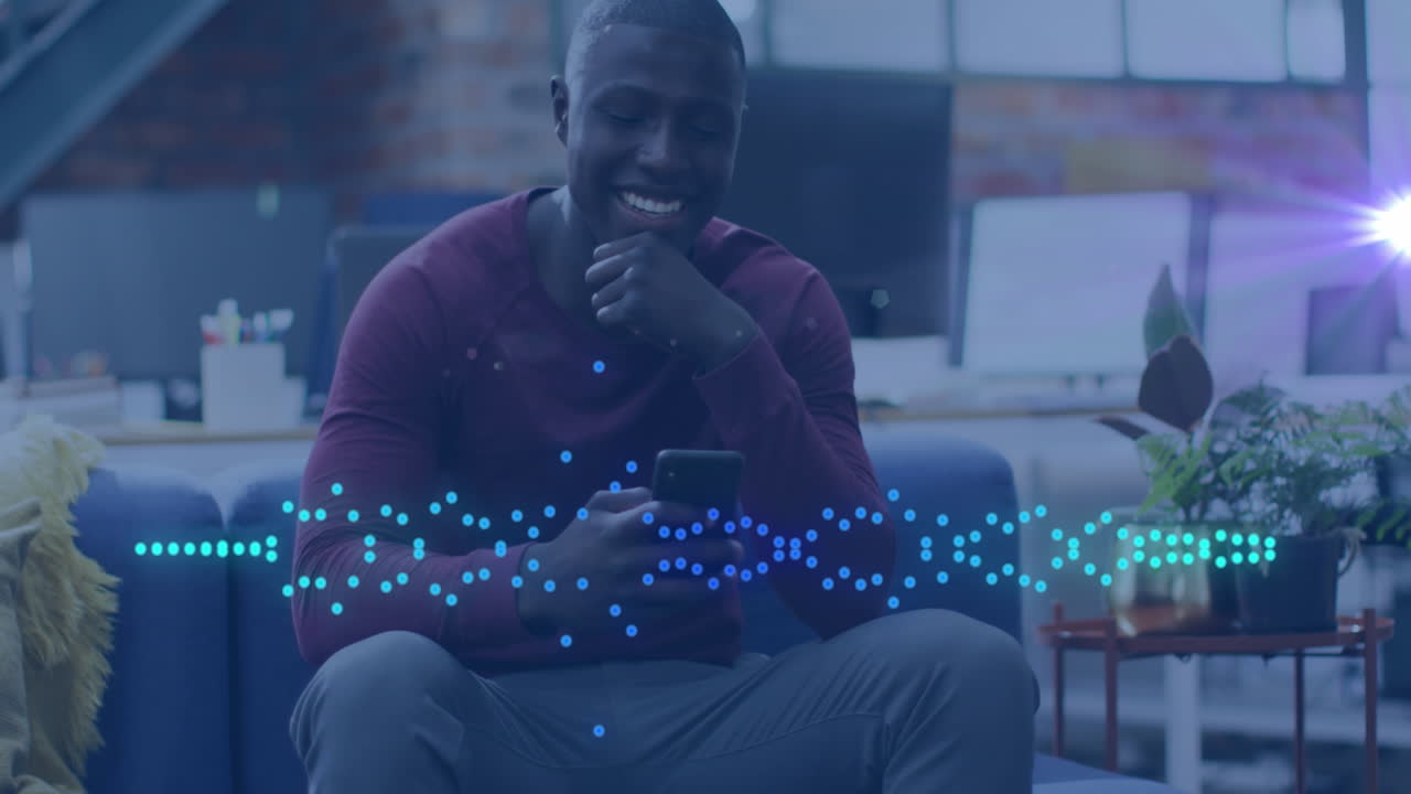 Animation of music data processing over african american man with smartphone