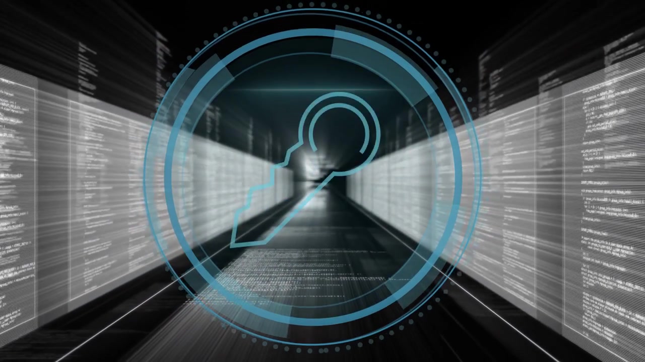 HUD forming at vanishing-point tunnel after shield fading, scanning code panels for cybersecurity