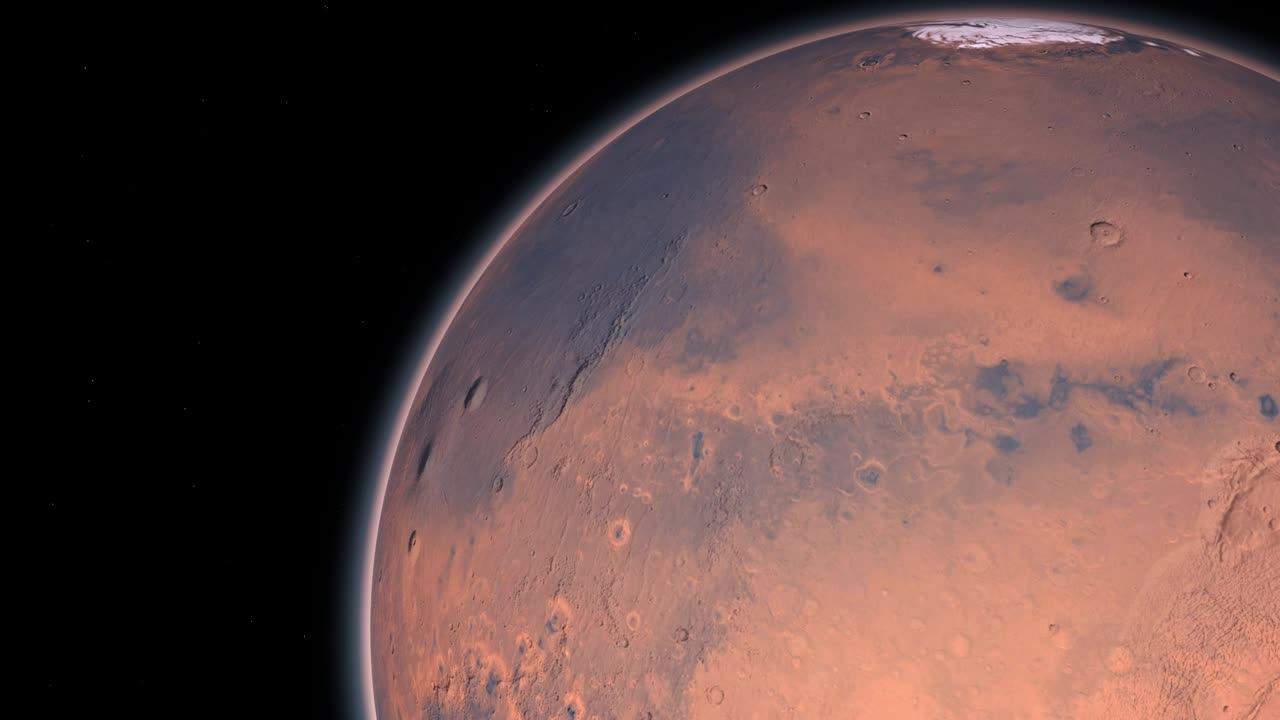 Mars Planet Rotating in the outer space.. Orbiting Planet Mars. Traveling to the red planet Mars in space. Elements of this video furnished by NASA.