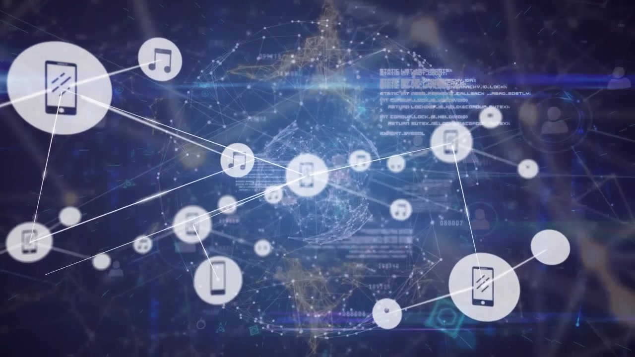 Animation of network of profile icons and globe of network of connections against blue background