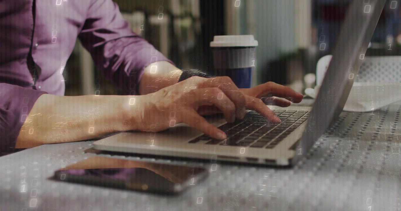 Vertical video: Fingers poised starting man's hands typing shifting digits appearing for work