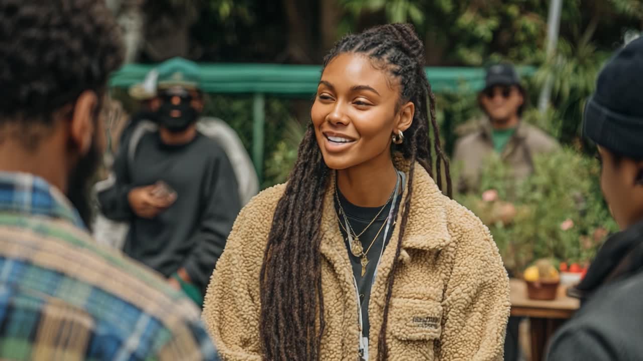 A joyful conversation unfolds as a woman with long braided hair engages with friends in a vibrant outdoor setting, fostering connection and warmth
