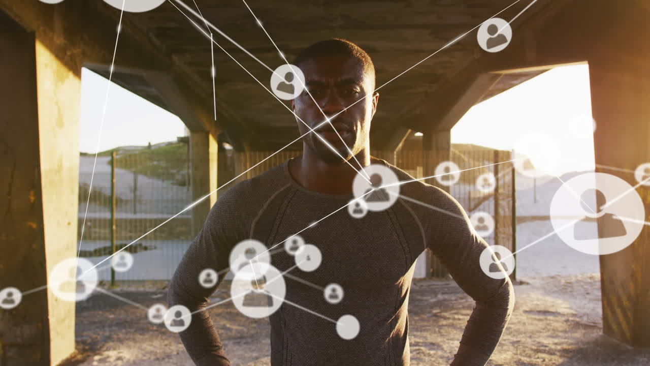Animation of network of connections over an exercising african american man