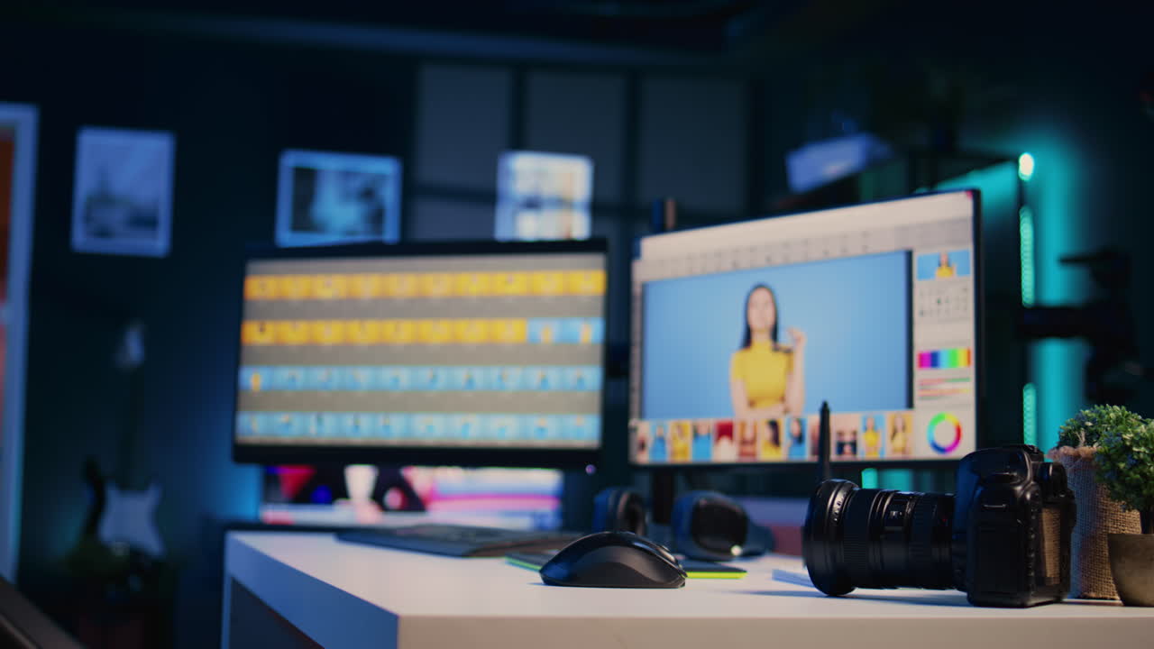 Editing software interface on computer screens in empty graphic design creative studio