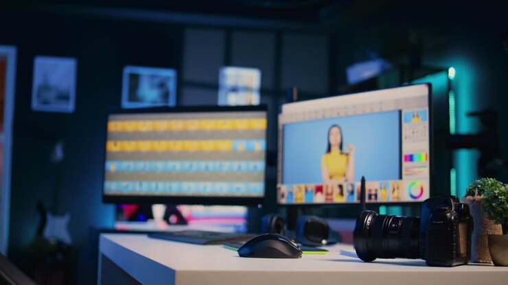 Editing software interface on computer screens in empty graphic design creative studio
