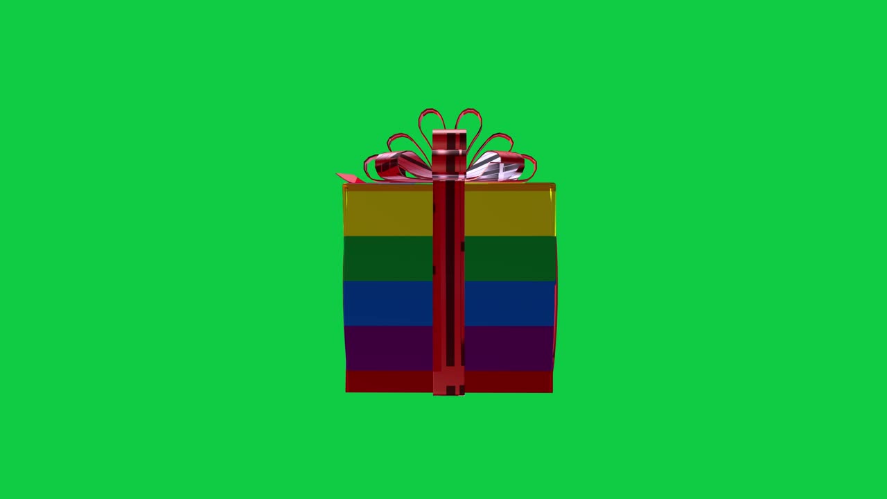 Scatola regalo 3D LGBT rotante con carta da regalo multicolore arcobaleno e schermo verde per chroma key sullo sfondo