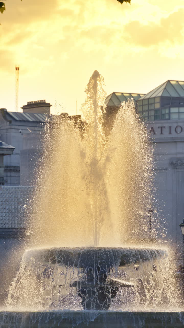 Water fountain in the Trafalgar Square in London, England on a sunny evening. Vertical