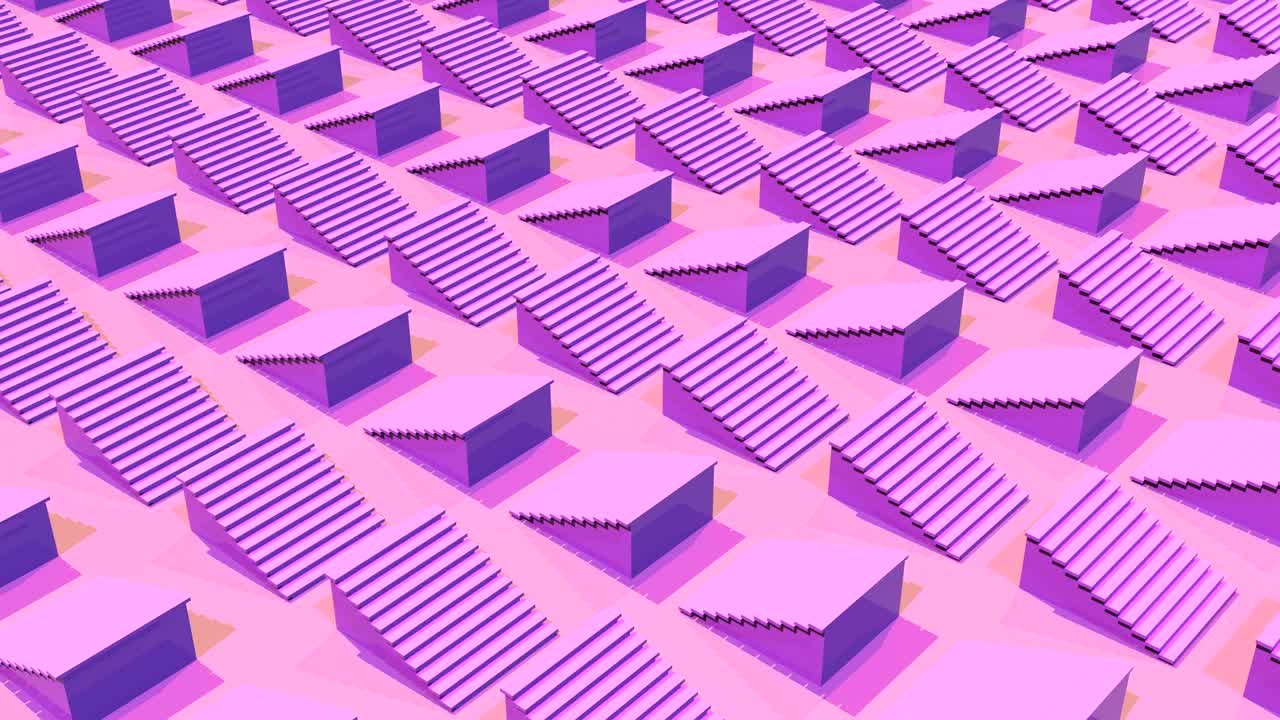 Moving pink staircases 3d footage. Sliding ladders rows seamless abstract animation. Interior isometric stairs in lines top view. Volumetric shapes motion. Dynamic creative looped video