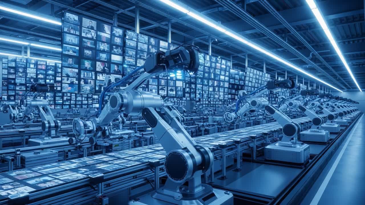 Automated Robotic System in a High-Tech Warehouse with Array of Digital Displays Showcasing a Variety of Images, Symbolizing the Future of Innovation and Efficiency