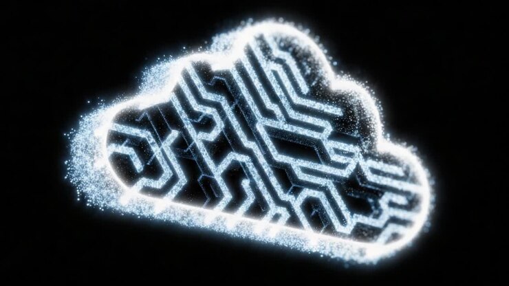 A Stunning Visualization of a Sparkling Cloud Formed with Circuit Patterns, Representing the Convergence of Technology and Data in a Digital Age
