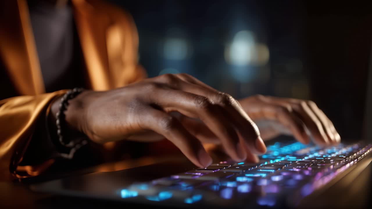 A Focused Individual Typing on a Glowingly Illuminated Keyboard in a Darkened Environment, Showcasing Precision and Attention to Detail in Their Work