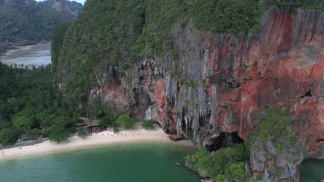 phranang beach and cave in ao nang krabi. drone flight over the limestone cliffs on the andaman sea