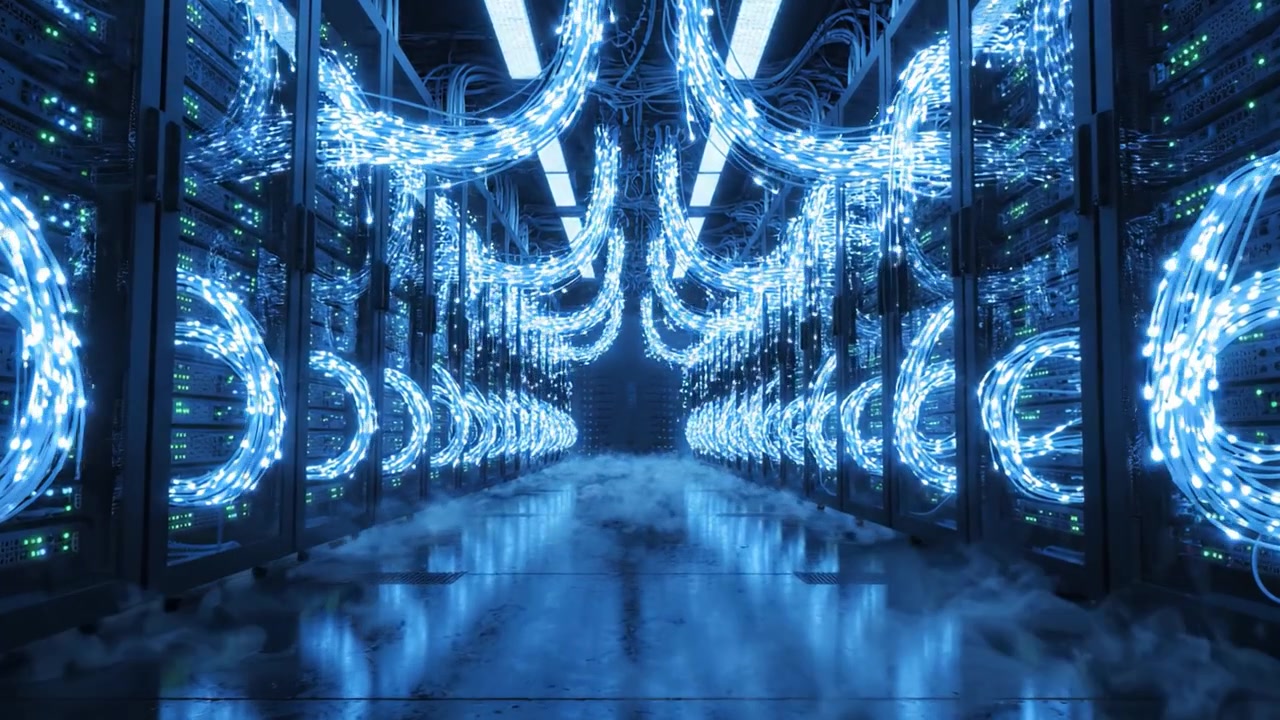 A Futuristic Data Center Illuminated by Blue Lights, Showcasing Rows of Servers and Networks, Creating an Atmosphere of Advanced Technology and Connectivity