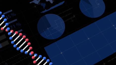 Animation-of-a-DNA-strand-rotating-over-charts-and-world-map-in-the-background