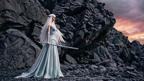 a majestic elf warrior in a dramatic landscape