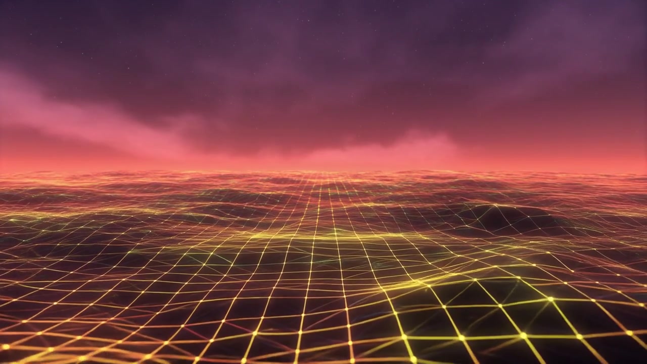 Retro Synthwave Style Digital Grid Landscape with Glowing Horizon