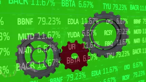 animation of gears rotating over stock market data on green background