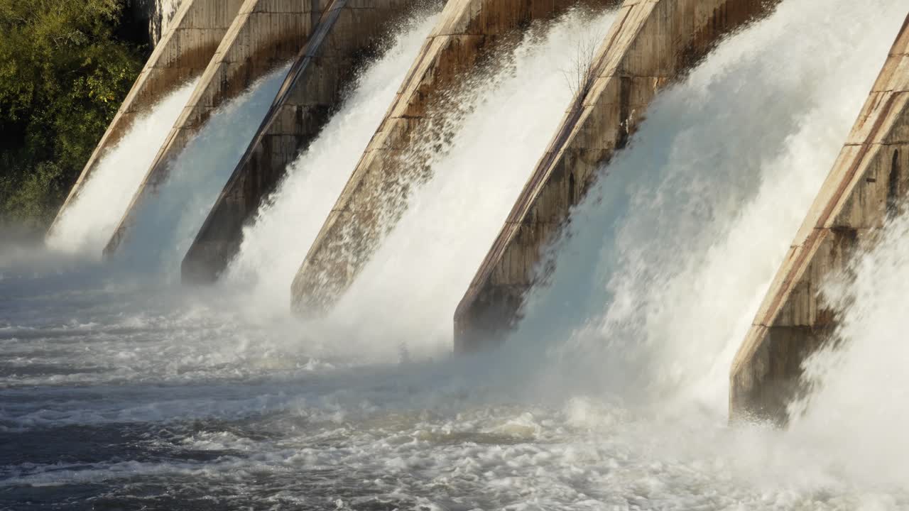 Enormi volumi d'acqua che si riversano attraverso gli sfioratori della diga, creando nebbia e turbolenza. Spettacolo drammatico di forza naturale controllata all'interno di un'infrastruttura ingegneristica