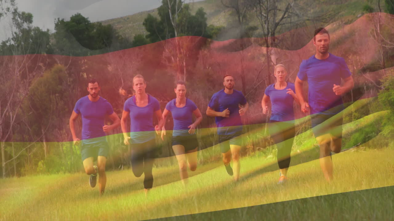 Running on grass, group of people with German flag animation overlay