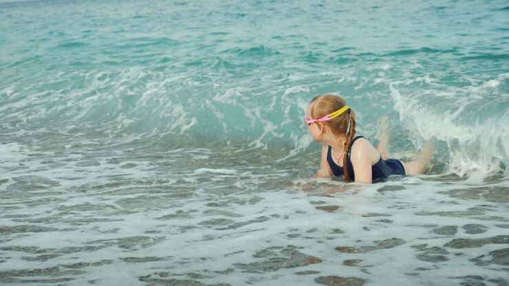 Funny Girl Having Fun In The Water Of The Surf Rest On The Sea Concept Slow Motion Video