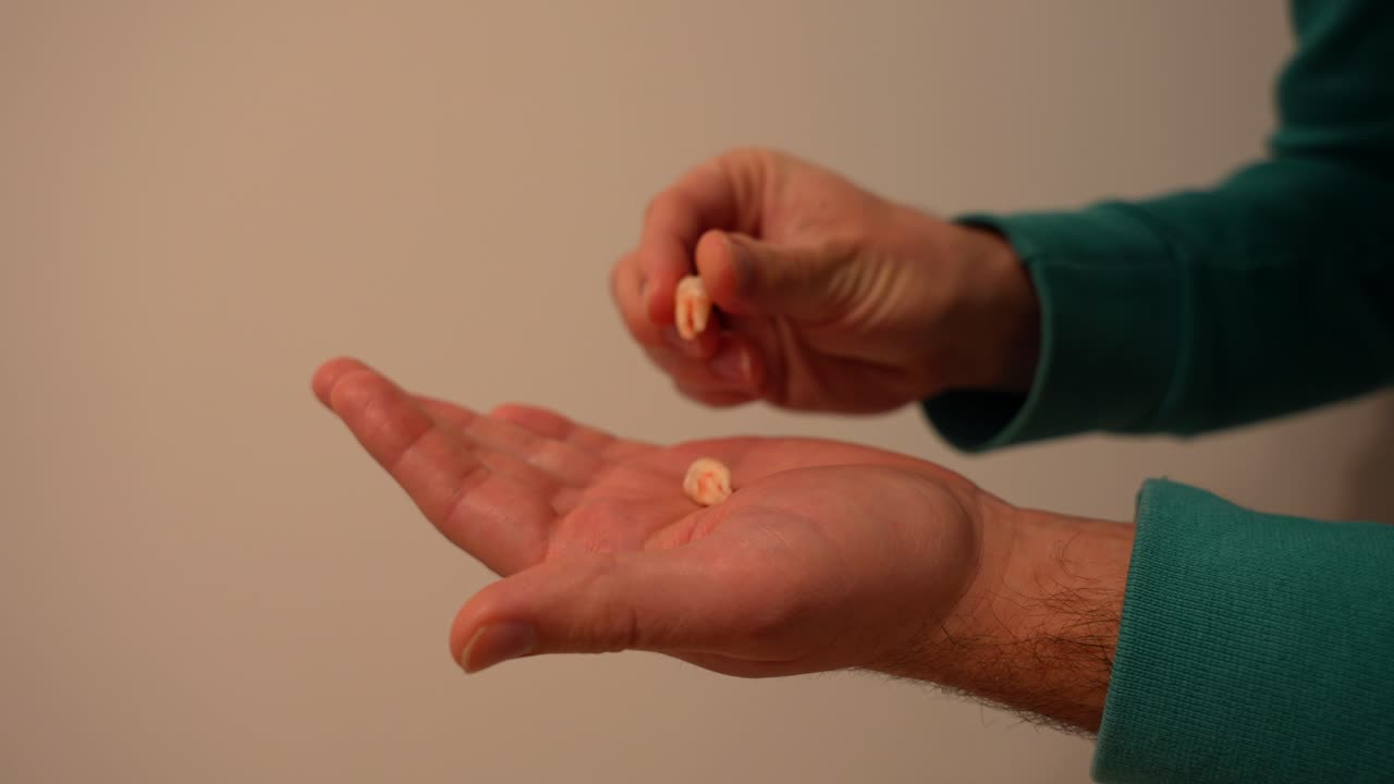 mano masculina mostrando sus dos dientes de la sabiduría recién extraídos con sangre