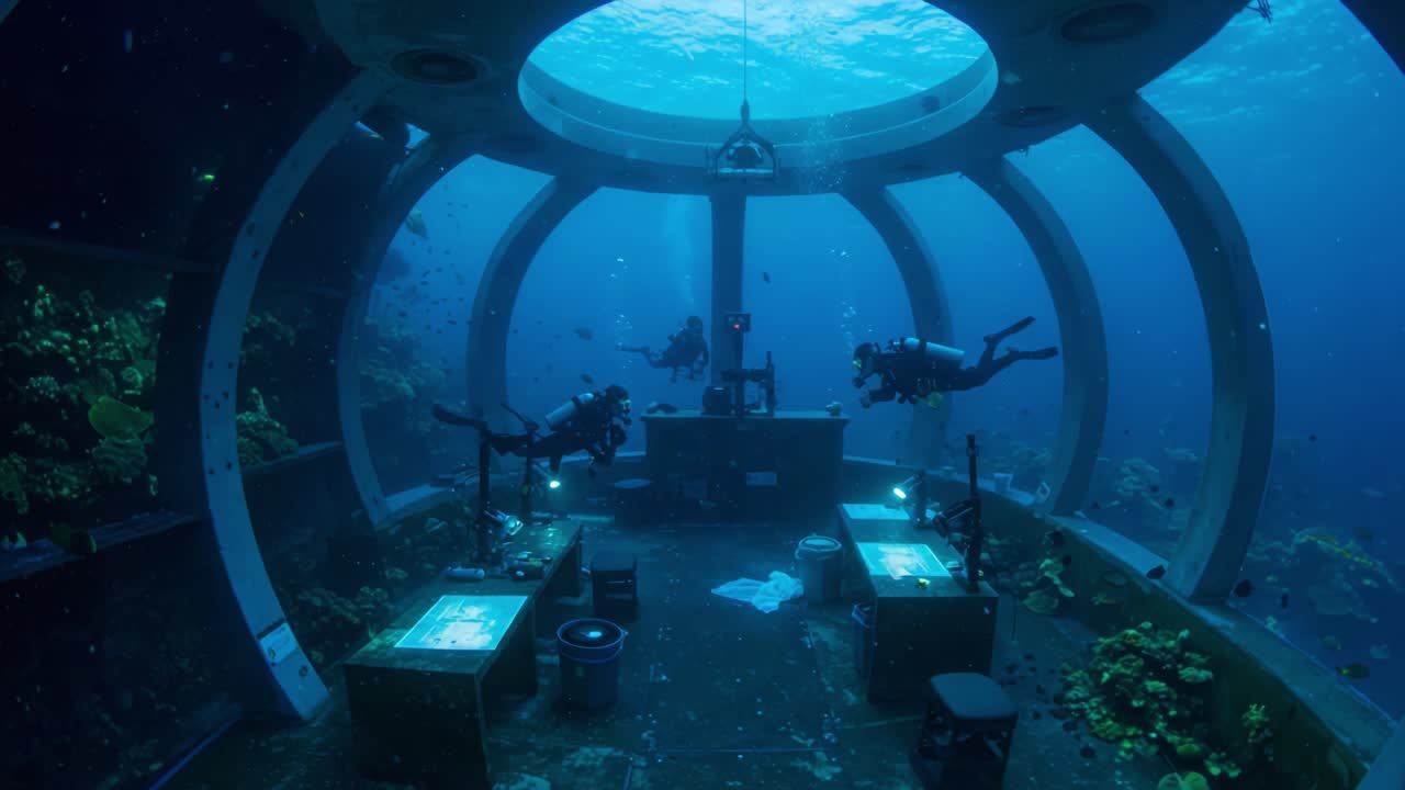 Exploring the Underwater Laboratory: Divers Investigate Marine Life in an Enclosed Aquatic Environment Surrounded by Vibrant Coral Reefs and Diverse Fish Species