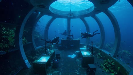 exploring the underwater laboratory: divers investigate marine life in an enclosed aquatic environment surrounded by vibrant coral reefs and diverse fish species